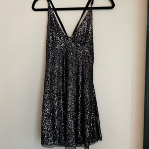 FREE PEOPLE Open-Back Sequin V-Neck Gold Rush Mini Dress Black